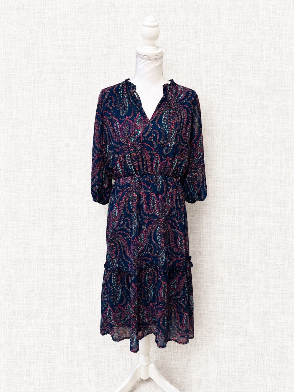Navy Paisley Midi Dress with Elastic Waist